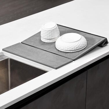 Килимок для сушіння посуду KitchenRaku, швидковисихаючий, з діатоміту (40x60 см, темно-сірий, стільниковий візерунок)