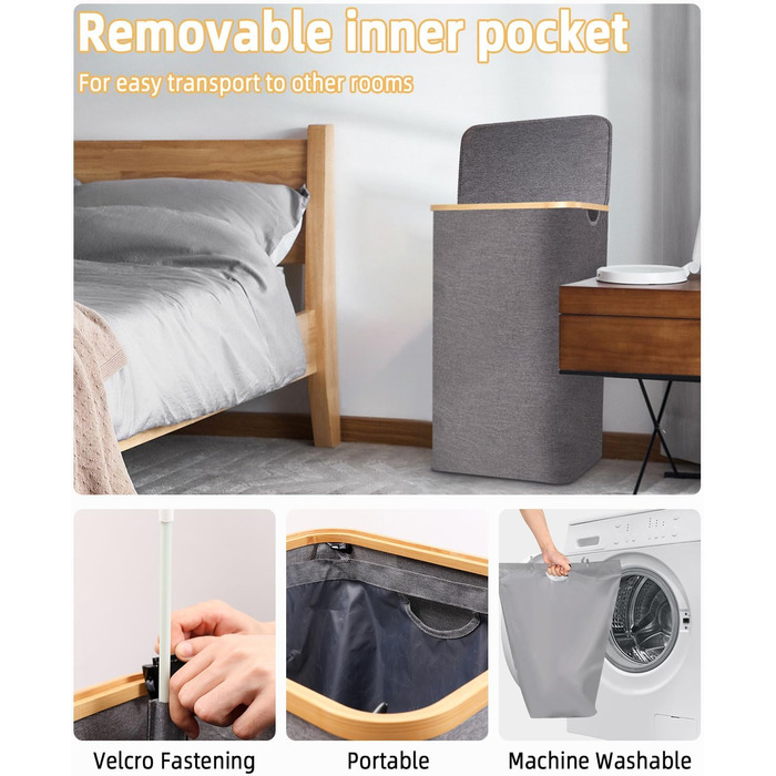 Laundry Basket with Lid 100L, Laundry Box with Bamboo Handles and Inner Pocket, Bamboo Laundry Collector, Large Capacity, Laundry Baskets, Foldable Laundry Baskets for Laundry Room, Bedroom, Bathroom (Gray)