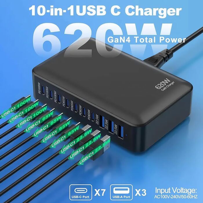 Зарядний пристрій USB-C 620W, 10 портів: Швидка зарядка PD PPS 100W, USB-C для MacBook Pro/Air, iPad, iPhone 16/15/14/13/12 Pro Max, Samsung