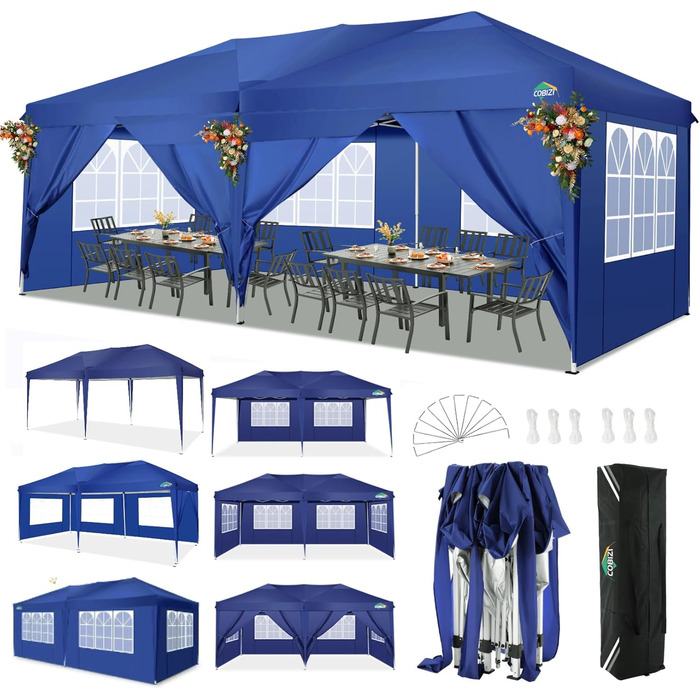 COBIZI Pop-up Pavilion 3x3, Folding Pavilion 3x3 Waterproof, Stable, Winter-proof |8x Pegs|4x Wind Rope|UV Protection 50+|High-Density Tarpaulin| Pavilion Foldable 3x3m Party Tent Folding Pavilion 3x3 Garden Pavilion (Navy Blue, 3x6m with 6 Side Walls)