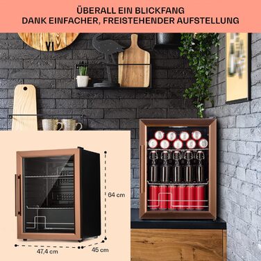 Klarstein Mini Fridge with Glass Door - 60L Compact Beverage Cooler with Adjustable Shelves & Wave Design Racks - Quiet Operation, Copper Finish