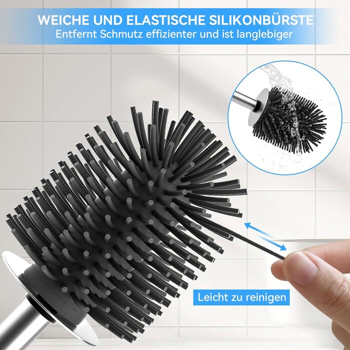 Силіконова щітка для унітазу Klobürste – гігієнічна щітка з нержавіючої сталі 304 з змінним насадком, для дому, готелю, ванної кімнати (розміру Gebürstetes Silber)