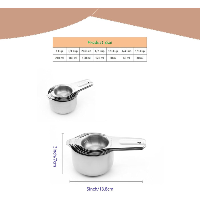 Measuring cup and spoon set, 7 stainless steel measuring cups and 6 stainless steel measuring spoons, kitchen aids for cooking and baking
