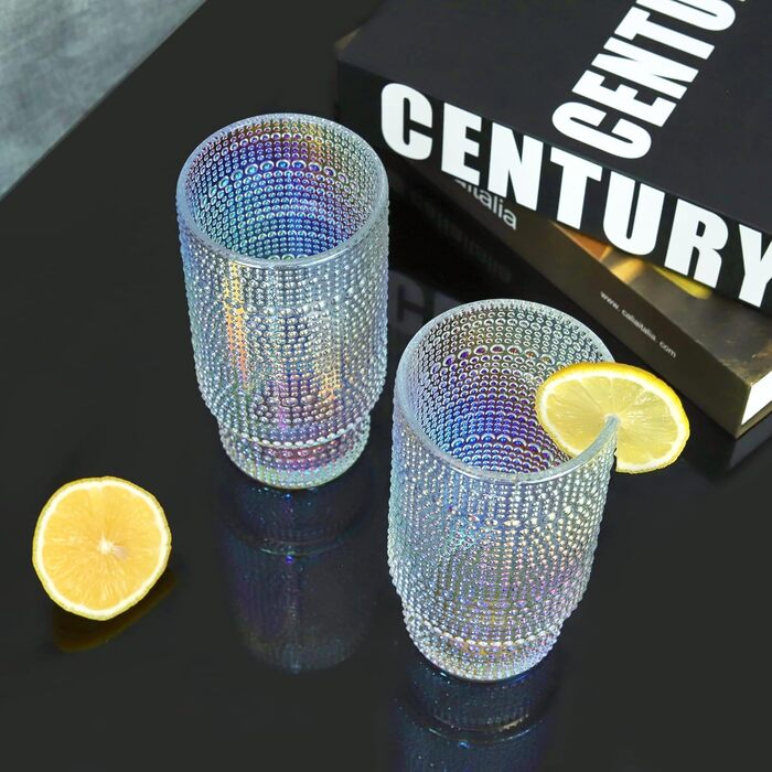 Joeyan 300ml Hobnail Rainbow Water Glasses, Vintage Stackable Colorful Highball Glasses, Pearl Embossed Iridescent Drinking Glasses, Romantic Rainbow Juice Glasses Cocktail Glasses, Set of 4, Dishwasher Safe