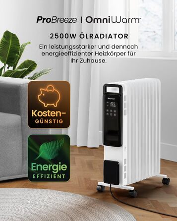 Pro Breeze 2500W Oil Radiator with 11 Fins, Electric Heater - Energy-Saving Oil Radiator, 3 Heating Levels, Adjustable Thermostat, 24h Timer, Touch Display & Safety Shut-Off Function White - No App