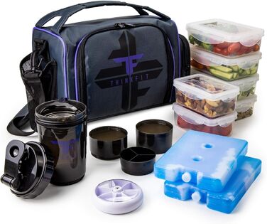 Ізотермічна ланчбокс-сумка з 6 контейнерами для їжі, BPA-free, для мікрохвильовки й заморозки, з шейкером, органайзером для пігулок, плечовим ременем та акумуляторами холоду, лілова