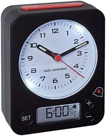 TFA Dostmann Combo Radio Clock, Analog Time and Digital Alarm, Radio Clock with High Precision, Quiet, All-Round Lighting, Black, Black-Red, L 90 x W 40 x H 115 mm