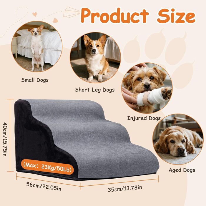 Сходинка для собак Nobleza – 3 сходинки, сіра, 35x56x40 см, для маленьких собак, з миючим покриттям та протиковзким дном