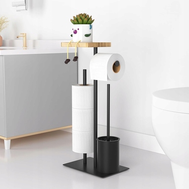 Набір для ванної кімнати: підставка для туалетного паперу з полицею та йоржик для унітаза, чорний метал, Interior