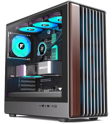 Корпус для ПК FOIFKIN з дерев'яною передньою панеллю з горіха, 4 PWM ARGB вентилятори, ATX Mid-Tower, USB Type-C, M.2, чорний