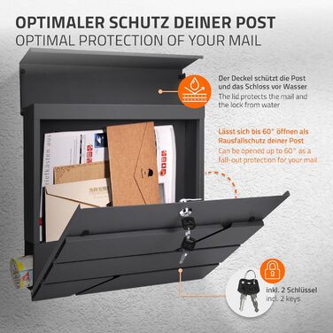 Поштовий ящик настінний ECD Germany з газетницею, антрацит, 37x11x37 см, нержавіюча сталь з порошковим покриттям, 2 ключі, комплект кріплення, сучасний дизайн