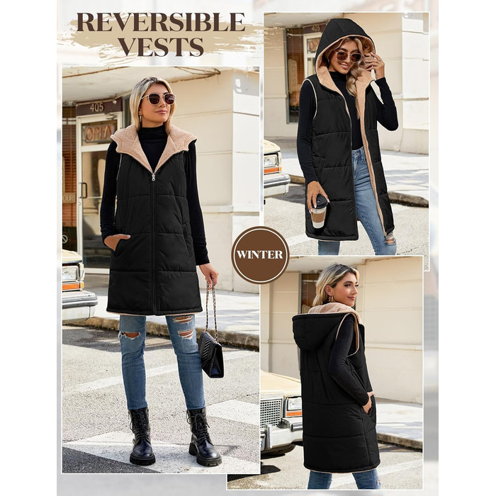 Жіноча жилетка Tuopuda з капюшоном, степкова, з флісовою підкладкою, тепла зимова куртка, безрукавка, термо-жилетка, на блискавці, чорна, розмір S