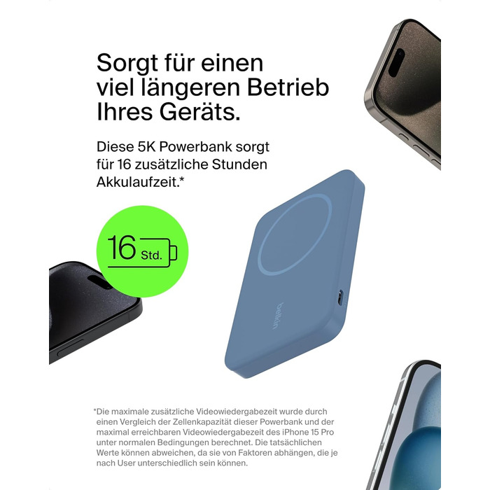 Belkin BoostCharge Pro Powerbank 10000mAh з Qi2 та MagSafe, з вбудованим підсвітником, для iPhone 17, iPhone Air, iPhone 16, 15, 14, Pixel та інших – (5K, Blue)