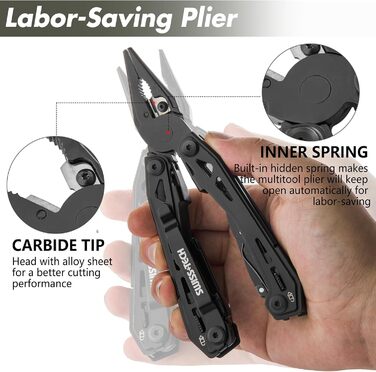 Мультитул Swiss+Tech 16 в 1 з нержавіючої сталі, мультифункціональний інструмент з ножем, відкривачкою та кліпсою для ременя, для кемпінгу та ремонту, з чохлом, чорний