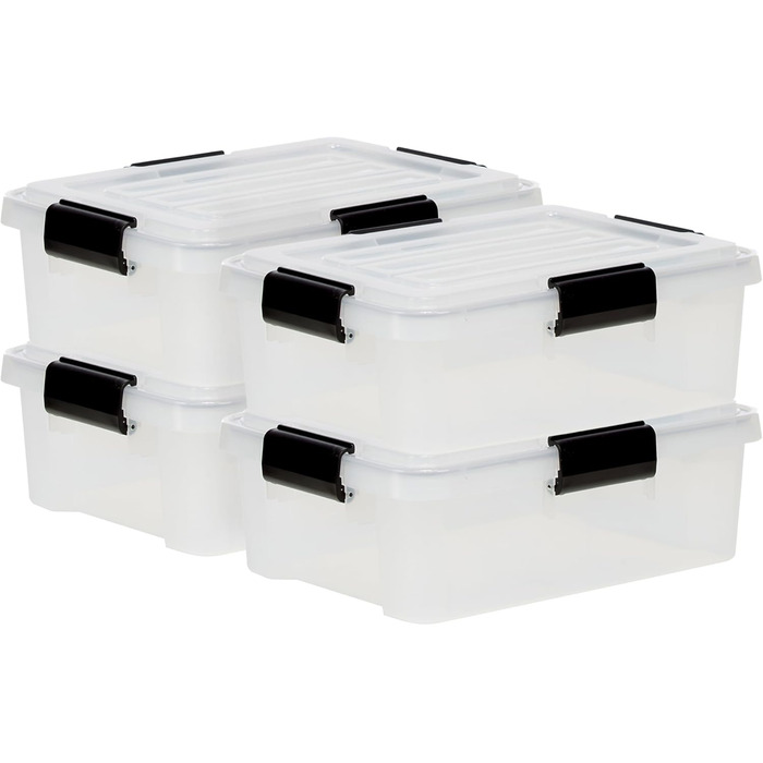 Iris Ohyama Airtight Plastic Storage Boxes with Lids, 50L, 4-Piece Set, Airtight Waterproof Seal, Robust Snap Closures, Stackable, Dustproof, BPA-Free, DDAT-L (Transparent, 10L x4)