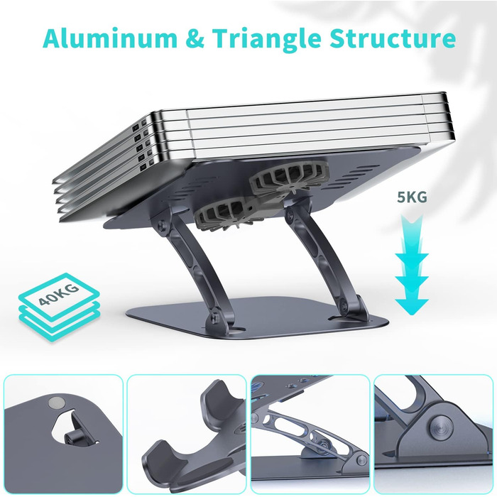 Підставка для ноутбука з регулюванням висоти та RGB вентилятором, складана з алюмінієвого сплаву, для MacBook, Laptop 10-17' (сіра)