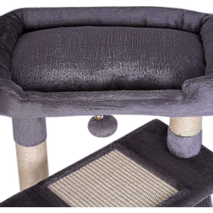 Дряпка для котів Lionto з лежаком та гrottoю, 75 см, з сизалевого мотузка та м'якого плюшу, 2 іграшки з дзвіночками, підходить для кошенят та дорослих котів (темно-сірий)