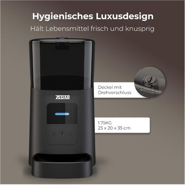 Автоматичний годівник для котів та собак Zedar A600, 6 літрів, з керуванням через APP, з нержавіючої сталі