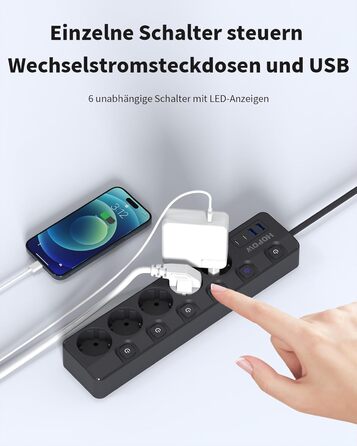 Мережевий фільтр 9-в-1 з індивідуальним вимикачем, 5 розеток, 4 USB-порти (3680W, 16A), захист від перенапруги 1050 Дж, настінний монтаж, 2 м кабель - для дому, офісу та подорожей, чорний