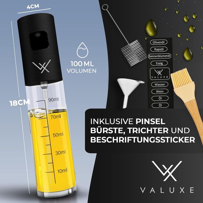 Розпилювач олії VALUXE® ORIGINAL з нержавіючої сталі та скла - преміум олійний спрей для кухні (Чорний матовий)