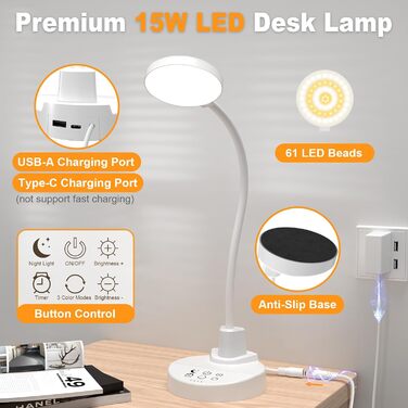 LED лампа настільна 15W з USB-A та USB-C – диммування, 3 колірні температури, 5 рівнів яскравості, таймер, гнусий 360° шийка, захист очей, для офісу та спальні (біла, 3.5 дюйма)