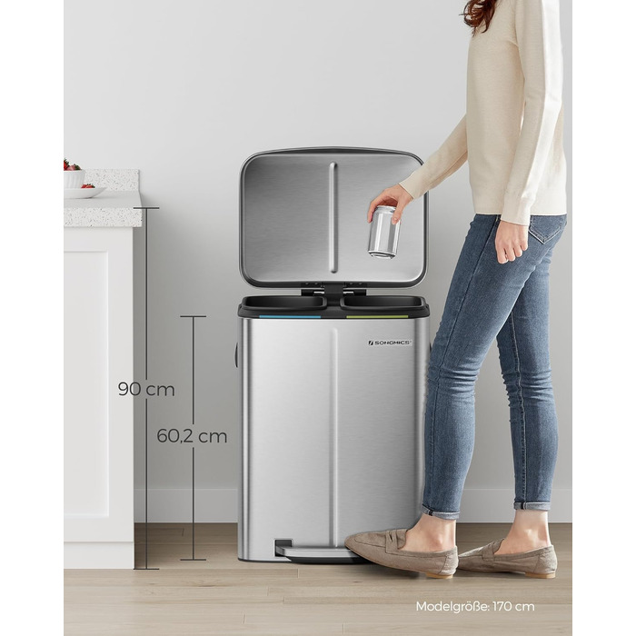 SONGMICS Відро для сміття 40 л з 2 відсіками (2 x 20 л), металевий третемер з пластиковим внутрішнім відром, Softclose, герметичний, білий LTB40WT (срібний)