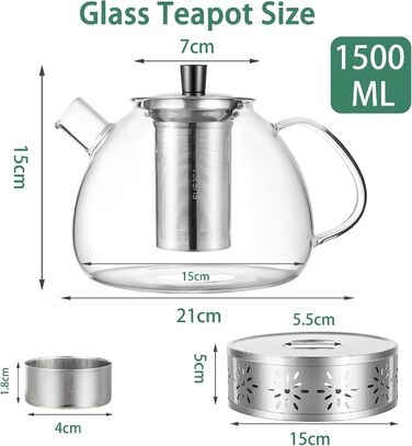 Скляна чайник HEMOLY 1,5 л з ситечком та підставкою для чаю