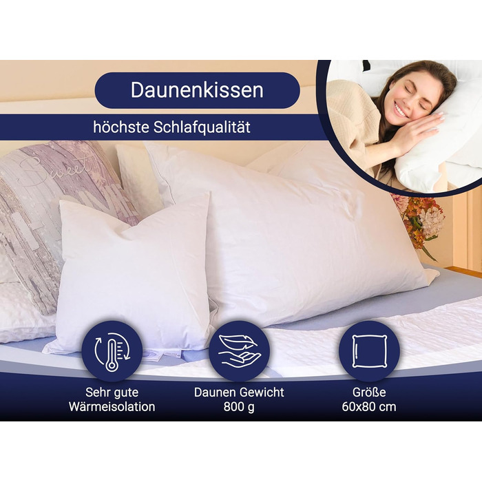 ZOLLNER 2-Pack Deluxe Down Pillow - Made in Germany – Suitable for allergy sufferers – Cover made of high-quality Mako cotton - washable up to 60°C - 60x80 cm - Hotel quality 60 x 80 cm 2-pack