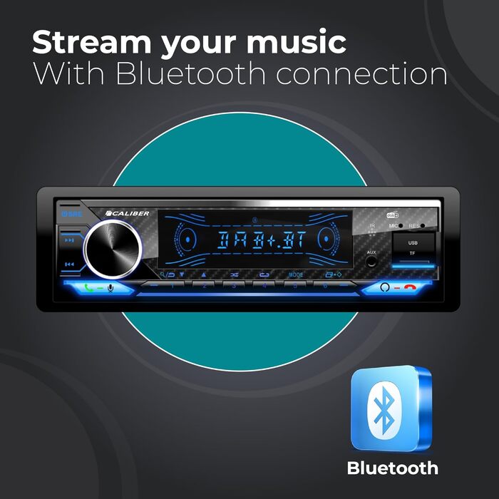 Автомагнітола Caliber 1DIN Bluetooth, DAB+/FM, 4x75 Вт, USB, MicroSD, зарядка 2.1A, Aux-in, гучний зв'язок, зовнішній мікрофон, RCA вихід, антена DAB+, підтримка MP3/WMA/APE/FLAC/AAC