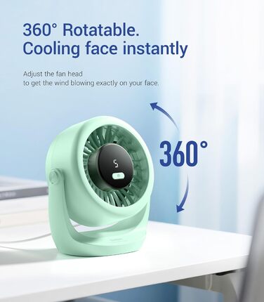 USB Turbo вентилятор для столу TurboBreeze (зелений): тиха робота, LED-дисплей, 5 швидкостей, 360° обертання, портативний