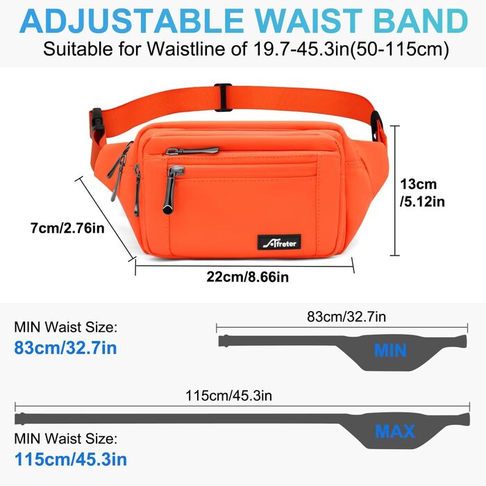 Чоловіча та жіноча поясна сумка-бананка з дощовиком, велика, з нейлону, 5 відділень на блискавці, для подорожей, спорту, прогулянок з собакою (Оранжева)