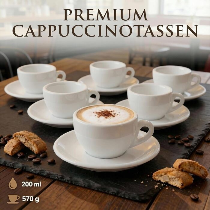 Набір з 6 еспресо-чашок | Хром | Італійський стиль | Dickwandig & Schwer | Еспресо-набір 6 шт. з підставками - подарунковий набір (200 мл, білий)