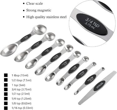 Measuring cup and spoon set, stainless steel, includes 8 sturdy measuring cups, 8 double-sided magnetic measuring spoons, and 1 leveler for dry and liquid ingredients