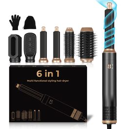 UKLISS Hairstyler 6 в 1 Airbrush: Професійний набір для укладки волосся - 1000W | Фен-щітка, плойка, брашшін, стайлер для всіх типів волосся | Срібно-золотий (Класичний чорний)