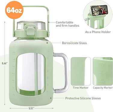 2 Liter Glass Water Bottle with Handle, 2L Glass Pitcher with Straw and Lid, Motivational Sports Water Jug with Time and Volume Markings, Leak-Proof, Light Green