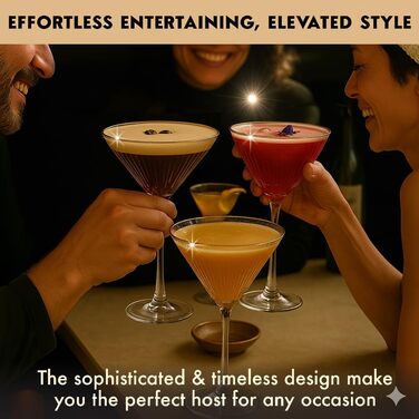 Набір келихів для еспресо-мартіні Vemacity Elegante (4 шт.) | Келихи для коктейлів ручної роботи | Келихи для шампанського, маргарити та коктейлів | Елегантні келихи для мартіні | Ідеальний подарунок (4 класичних келихи з рифленням + золотий аксесуар)