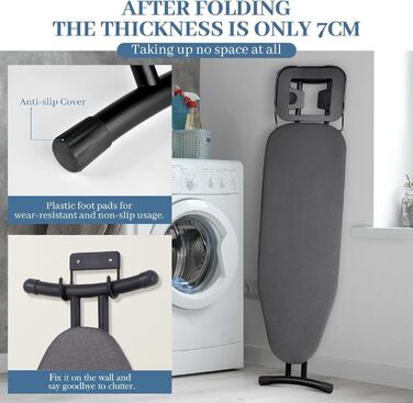 Гладильна дошка WUDLEP регульована по висоті, 140 x 38 см, розкладна, широка, з гачком, висота 70-90 см, з міцної сталі, підходить для більшості парогенераторів