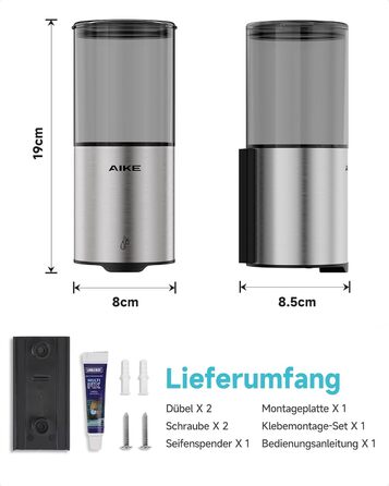 Автоматичний дозатор мила AIKE для рідкої мила, настінний, для кухні та ванної кімнати, IPX7, вологостійкий, 400 мл, з нержавіючою сталлю, шліфована