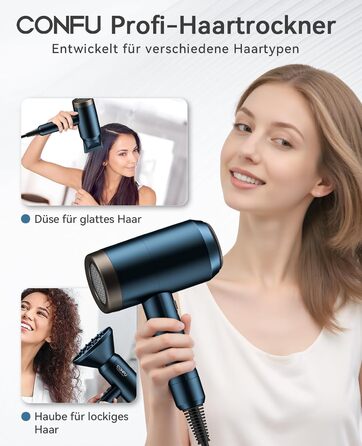 Іонізатор для волосся Föhn, 1800W, з насадкою-дифузором, 3 режими температури, безліч налаштувань швидкості, портативний фен (блакитний)