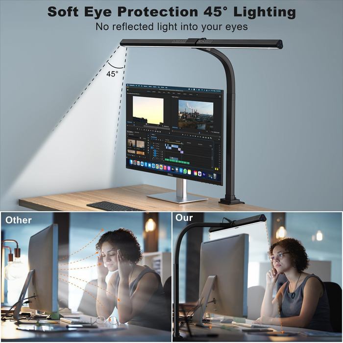 LED лампа для столу 24W, 80 см, регульована яскравість, зміна колірної температури, захист очей, без відблисків, для офісу та дому