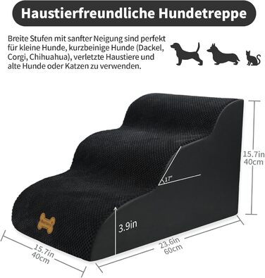 Non-slip Dog Stairs for Small Dogs 2-Step, Pet Stairs for Bed and Sofa made of High-Density Sponge, Dog Stairs Dog Ramp with Removable, Washable Cover and Non-Slip Bottom, 55x40x30cm (3 Steps Black Dog Stairs)