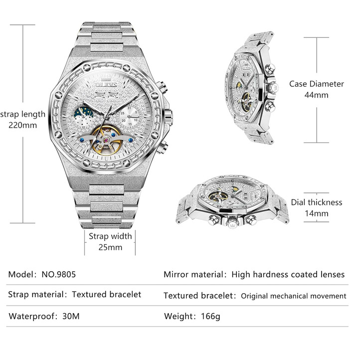 Чоловічий наручний годинник OLEVS G9805 аналоговий, сталевий браслет, білий циферблат, водонепроникний, з календарем та підсвіткою