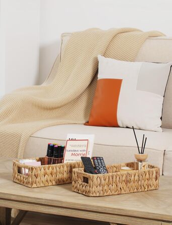 StorageWorks Woven Water Hyacinth Baskets, 2-Piece Set - Storage Baskets Woven from Water Hyacinth, 33x21x18cm Water Hyacinth Storage Basket Rectangular Shelf Basket with Double Handle for Gifts (Natural Color (Water Hyacinth), 28.5cm*19cm*9cm)