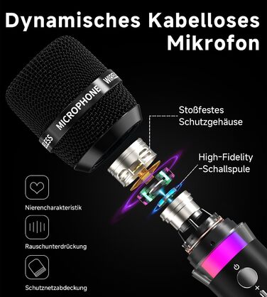 Бездротовий мікрофон з LED-підсвіткою, подвійний, акумуляторний, караоке, чорний