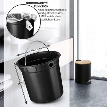 Смітник для косметики VMbathrooms 3L з педаллю та бамбуковою кришкою, Soft-Close, чорний матовий, для ванної кімнати та туалету