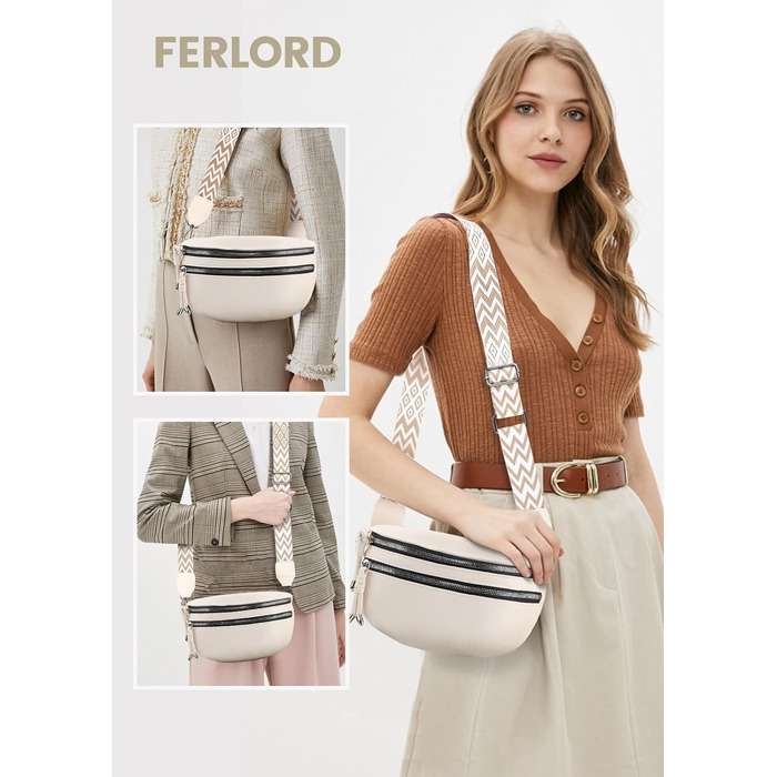 Жіноча сумка через плече FerLord з широким ременем, поясна сумка (бананка) з 3 відділеннями, стильна сумка-мішечок з PU шкіри, бежевий колір