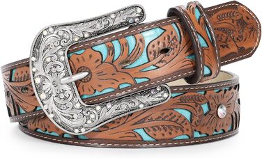 Жіночий шкіряний ремінь XZQTIVE Vintage у стилі вестерн з гравіюванням для джинсів, штанів, суконь. Колір: темно-коричневий, синій (бірюзовий діамант). Довжина: 100 см, підходить для об'єму талії 68-80 см