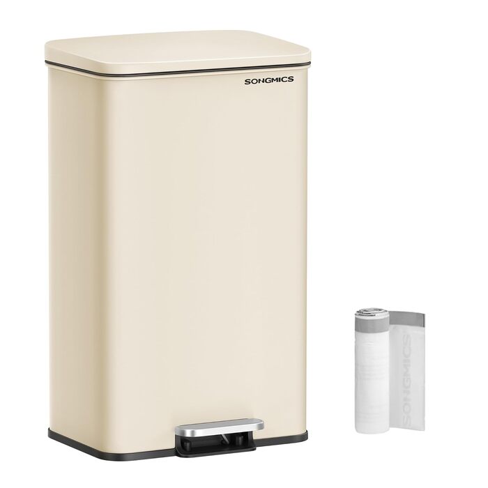 Відро для сміття SONGMICS 40 л, сталеве, з м'яким закриттям, з мішками, пісочно-бежеве (LTB540A02)