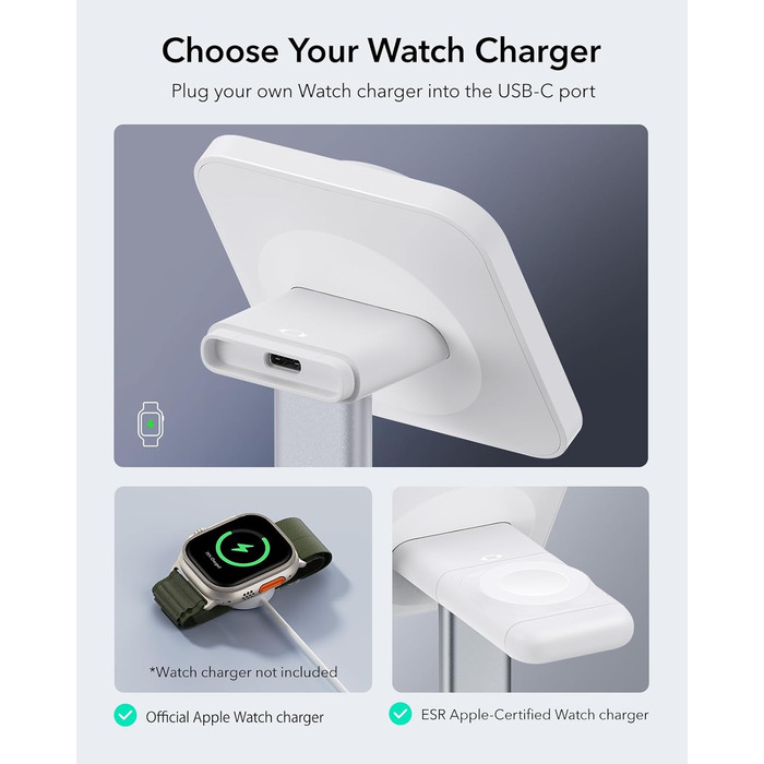 Зарядна станція 2-в-1 ESR MagSafe для Apple Watch та iPhone 17e/17/16/15/14/13/12, AirPods 4 - Біла