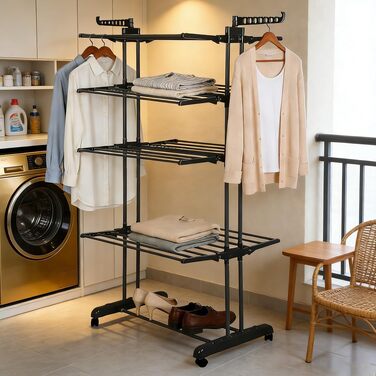Сушарка для білизни HUOLE вертикальна (вежа) на 3 рівнях, розсувна мобільна сушарка зі сталі та пластику, чорна (75 x 64 x 170 см)